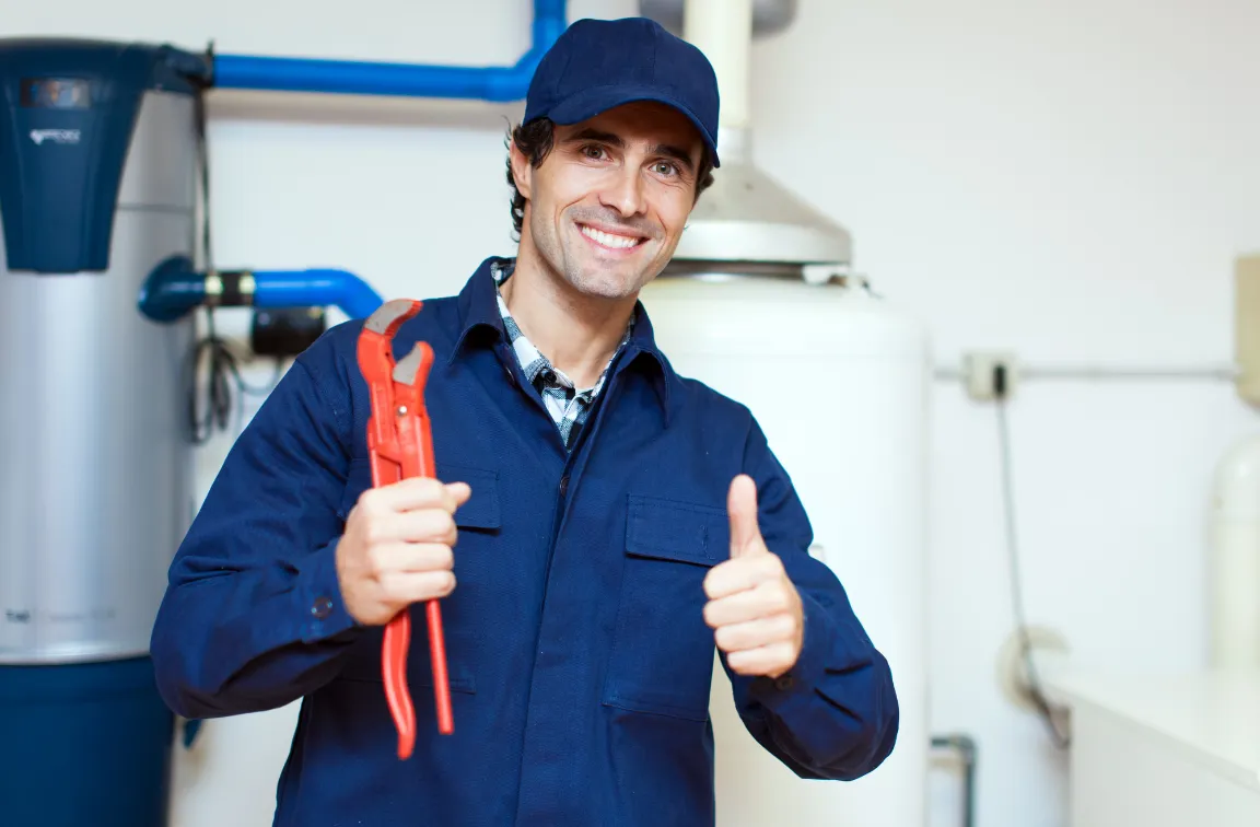 Plumber holding a pipe wrench next to a water heater